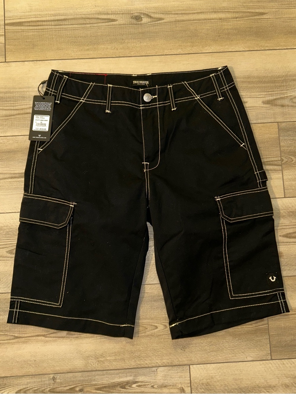True Religion Black Cargo Shorts with Contrast Stitching